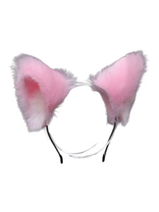 Opaska kocie uszy futrzane różowe z białymi środkami miękkie strój bal karnawałowy cosplay